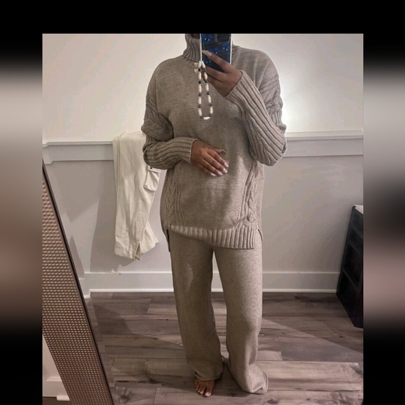 Turtleneck Drop Shoulder Split Hem Sweater & Knit Pants - Picture 7 of 8